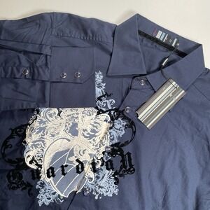 Toku Men's Snap‎ Up Shirt XL Long Sleeve Navy Blue Y2K Graphic